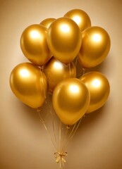Aufkleber - A bouquet of shiny gold balloons tied together with a bow, floating against a beige background