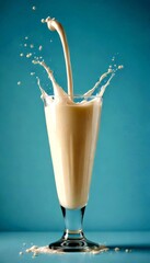 Poster - A glass of milk is captured in a dynamic moment, with a stream of milk splashing out from the top, creating a visually striking effect against a light blue background