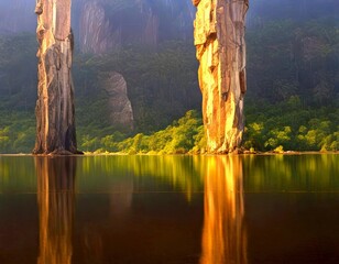 Aufkleber - two towering rock formations, their brown and gray hues contrasting with the surrounding lush greenery and the calm, reflective surface of the water