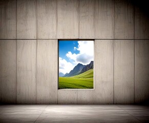 Poster - A rectangular window in a concrete wall frames a picturesque view lush green field, rolling hills, and a clear blue sky dotted with fluffy white clouds