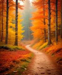 Poster - A tranquil autumn forest scene with a winding dirt path leading through a grove of trees displaying vibrant orange and yellow foliage