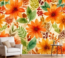 Poster - A vibrant floral mural adorns the wall, featuring large orange flowers with green leaves and smaller orange flowers with green leaves, creating a lush and colorful backdrop