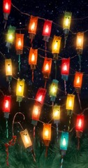 Poster - A digital illustration string of colorful paper lanterns hanging against a starry night sky