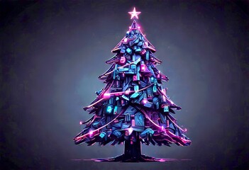 Poster - A digital illustration Christmas tree with a star on top, surrounded by various electronic devices and glowing in shades of pink and purple against a dark background