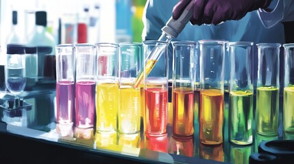 Poster - A chemistry lab featuring colorful liquids in test tubes and flasks, with a researcher mixing chemicals in the foreground.
