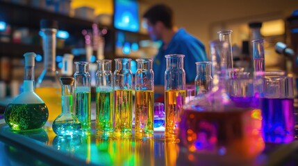 Poster - A chemistry lab featuring colorful liquids in test tubes and flasks, with a researcher mixing chemicals in the foreground.