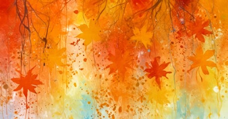 Poster - a vibrant watercolor painting of autumn leaves in various shades of orange, yellow, and red, with some leaves appearing to be falling or dripping