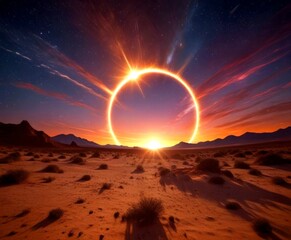 Poster - A solar eclipse is captured in a desert landscape, with the sun partially obscured by a ring of bright light, casting a dramatic shadow over the barren terrain