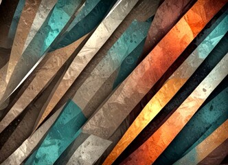 Poster - a vibrant abstract composition of intersecting diagonal lines in various shades of brown, orange, and green, creating a dynamic and visually striking pattern