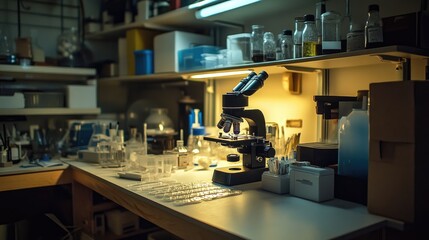 Poster - A clean, organized lab with a focus on a microscope and slides prepared for a biological study, illuminated by soft lighting
