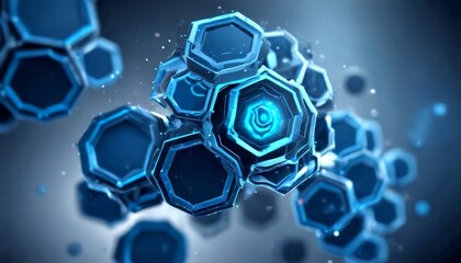 Poster - a cluster of hexagonal structures with a central glowing blue hexagon, surrounded by a dark blue background with scattered white dots