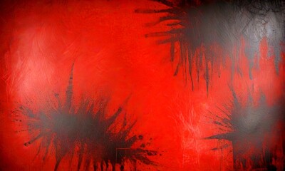 Poster - a close-up view red surface with black splatters and drips, creating a dynamic and textured appearance