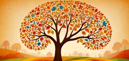 Poster - A stylized tree with a vibrant autumnal canopy stands in a serene landscape, its branches spreading out against a backdrop of rolling hills and a hazy sky