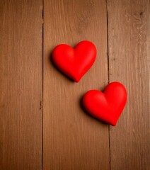 Poster - Two red heart-shaped objects are placed diagonally on a wooden surface, creating a sense of movement and energy