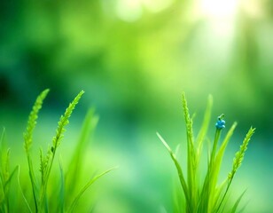 Poster - A close-up view of lush green grass with a single blue flower in the foreground, set against a blurred, natural background