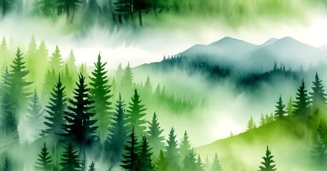 Poster - A serene landscape with a dense forest of pine trees and rolling hills, partially obscured by a misty haze
