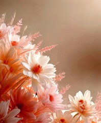Aufkleber - Soft pastel pink and white flowers with delicate petals and stems against a light beige background
