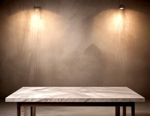 Fototapete - A marble table with a dark metal frame sits in a dimly lit room, illuminated by two spotlights on either side of the table