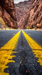 Poster - A road with yellow lines and a canyon in the background