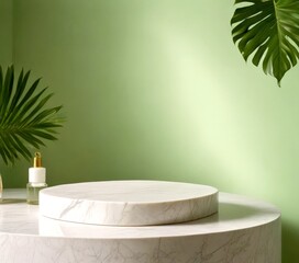 Poster - A white marble pedestal with a gold-colored base sits on a round marble table, accompanied by a small white vase and a green plant leaf