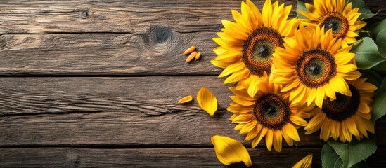 Poster - Close-up of vibrant yellow sunflowers on a rustic wooden background with sunflower petals scattered around them.