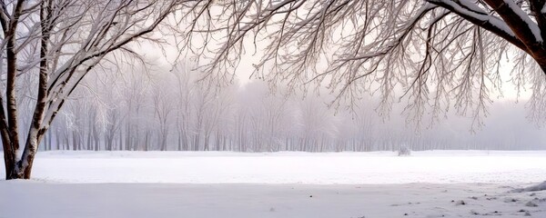 Poster - A serene winter landscape features a snow-covered field with bare trees in the foreground, their branches reaching out against a hazy, gray sky