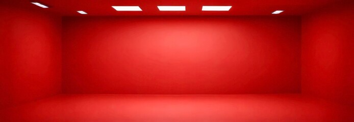 Poster - An empty room with a red wall and a white ceiling, featuring three rectangular lights evenly spaced along the ceiling