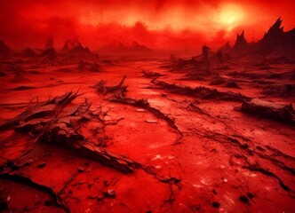 Aufkleber - A desolate, barren landscape with cracked, red soil and scattered rocks, set against a fiery red sky