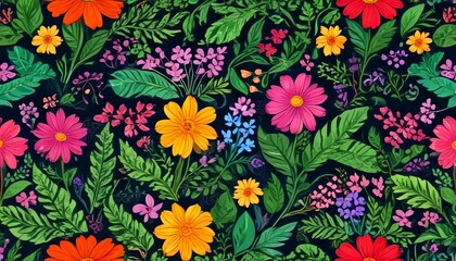 Poster - A vibrant, repeating pattern of flowers and leaves in various shades of pink, orange, yellow, and green against a dark background