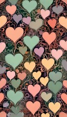 Aufkleber - A seamless pattern of overlapping hearts in various pastel colors, including pink, green, and blue, against a dark background with a floral design