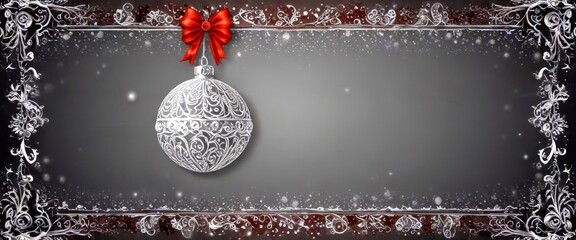 Poster - A silver ornament with a red bow hangs against a dark gray background, framed by a decorative border with a repeating pattern of white and red