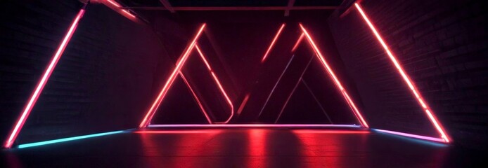 Poster - a dark room with a geometric pattern of red and blue neon lights, creating a sense of depth and move