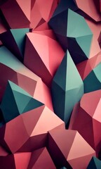 Poster - a complex arrangement of geometric shapes, predominantly in shades of pink and green, creating a visually striking and abstract composition