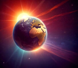 Poster - The Earth, a golden orb, is captured in a cosmic dance with the sun, its rays piercing the atmosphere and casting a warm glow on the planet's surface