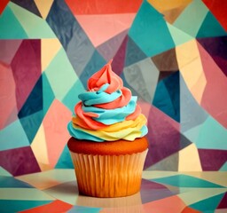 Poster - A cupcake with vibrant blue, pink, and yellow frosting sits on a patterned surface, with a colorful geometric background