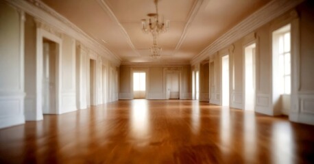 Poster - A spacious, well-lit room with white walls, a high ceiling, and a chandelier, featuring a wooden floor and large windows