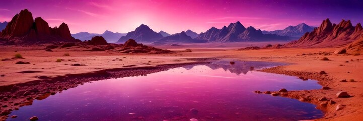 Aufkleber - A serene desert landscape at sunset, featuring towering red mountains reflected in a calm pool of water, with a vibrant pink sky overhead