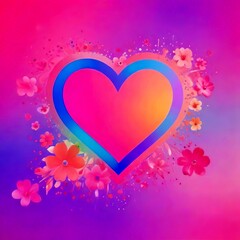 Aufkleber - A heart-shaped frame with a gradient of pink and blue colors, surrounded by pink and white flowers, against a gradient pink and purple background