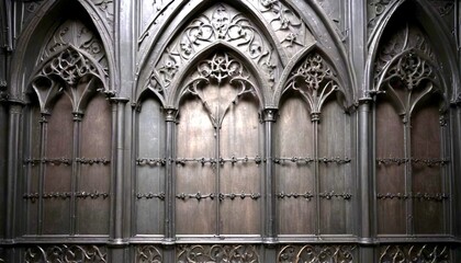 Poster - a dark, ornate Gothic-style wall with intricate carvings and arched windows