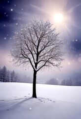 Poster - A lone, snow-covered tree stands in a vast, snow-blanketed field under a starry sky, with the sun's rays piercing through the clouds