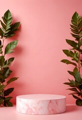 Leinwandbilder - A round marble pedestal with a pink marble pattern stands against a pink background, flanked by two tall green plants with large leaves