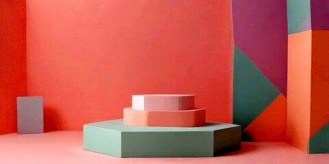 Aufkleber - A three-dimensional geometric structure composed of three octagonal platforms in pastel pink, light blue, and mint green, set against a pink wall with geometric patterns in
