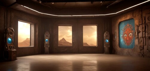 Aufkleber - a dimly lit room with three large windows, each offering a view mountainous landscape The room features a futuristic design, with a curved ceiling and a wall adorned with