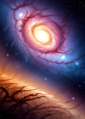 Poster - a spiral galaxy with a bright central core surrounded by swirling clouds of gas and dust, set against a backdrop starry night sky
