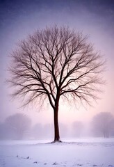 Poster - A lone, bare-branched tree stands in a snowy field, its bare branches reaching up into a hazy, gray sky