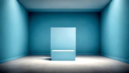 Aufkleber - A minimalist room with a white pedestal and a blue wall, illuminated by a single light source on the right side