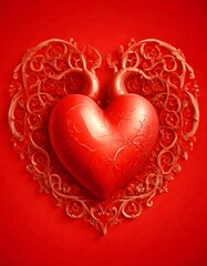 Aufkleber - A red heart-shaped object with a cracked surface is surrounded by an intricate, ornate design of vines and leaves against a deep red background