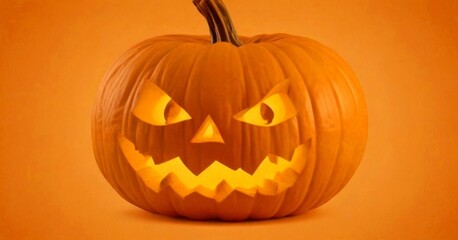 Aufkleber - A carved pumpkin with a menacing face, featuring a wide-open mouth, sharp teeth, and a menacing gaze, is displayed against an orange background