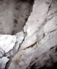 Poster - a close-up view marble surface with a textured, cracked pattern The marble exhibits a mix of white and gray hues, with some areas appearing darker and more worn,