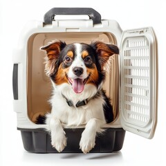 cute dog in a travel pet carrier with opened door on white background